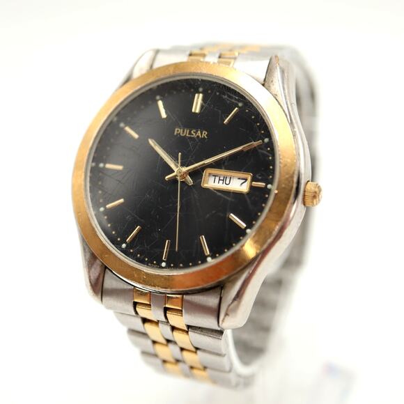 Vintage Pulsar Mens Two Tone Day Date Watch 38mm Gray Dial V733-X061 New Battery - Picture 1 of 16